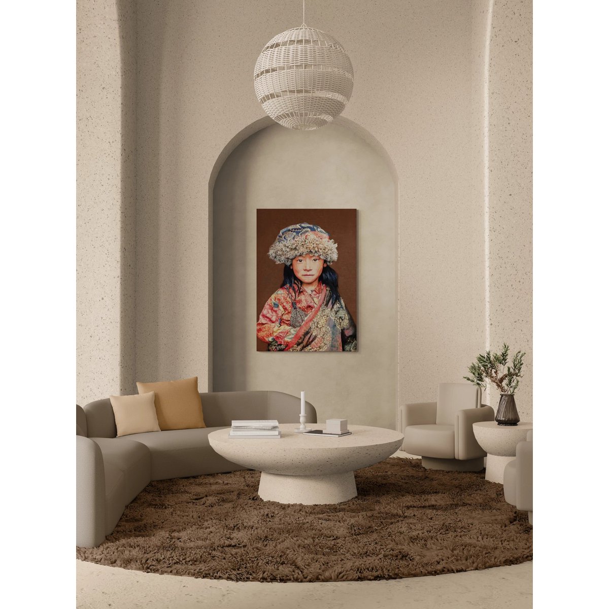 Tapisserie tissée Gobelin 120/180 Enfant Tibétain Taupe WH2026 Tendue